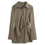 Women Casual 2 Piece Sets Turn Down Collae Long Sleeve Pleated Shirts Tops With High Wasit Boot Cut Pant Ladies