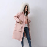 Winter Artificial Fur Hooded Long Jacket 90% White Duck Down Coat Big Pocket Parkas Loose Warm Jackets Yellow Snow