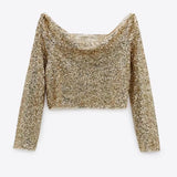Chic Gold Sequined Cropped Blouses Women Fashion Sexy Slash Neck Shirts Elegant Ladies Short