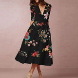 Slim Elegant Pleated Half Sleeve Pullover Party Dress Women Casual V-neck Maxi Dresses Temperament Ladies Floral Printed