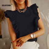 Fashion New Women Loose O Neck Ruffled Short Sleeves Tops Casual Solid Color Elegant Office Lady Slim Pullover