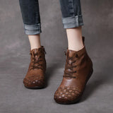 Breakj Time 138] National Wind Leather Hand-Woven Flat Bottom Short Boots Cow Skin Boots Soft Bottom Women's Cotton