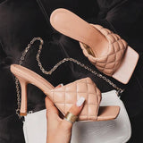 NEW Sexy PU Diamond Square Head Peep Toe High Heel Sandals Summer Fashion Slip On Thin Heels Slides Women Mules