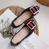 Womens Foldable Soft Ponited Toe Ballet Flats Square Buckle Comfort Slip on Flat