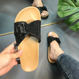 Sandals Fashion Metal Buckle Slippers 2021 New Female Chunky Shoes Women Flat Slip On Black PU Leather Platform