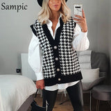 Fashion Winter Black V Neck Houndstooth Sweater Cardigans Women Plaid Sleeveless Off Shoulder Jumper Tops Autumn