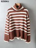 striped oversize Turtleneck Sweater for Women female Knitted casual split side Long Sleeve loose