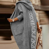 Fashion Back Letter Printed Loose Coats Women Fall Winter Elegant Hooded Overcoat Casual Pockets Office Lady Knit Tops