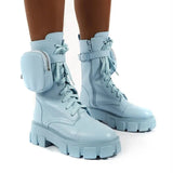Pocket Boot Lace Up Ladies Ankle Boots Female Buckle Strap blue Chunky Sole Pouch Ankle Boots Woman Platform Shoe