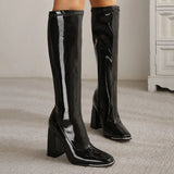 style Women motorcyle boots Fashion Square toe Knee high boots Autumn Winter Warm patent leather High heels boots
