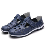 Women Flat Sandals Split Leather High Quality Mothers Summer Shoes Cut-out Breathable Ladies Gladiator Sandals Big Size