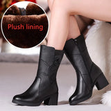 Women Ladies Female Mother Genuine Leather Mid Calf Boots Shoes Winter Plush Fur Warm Floral Zipper Plus Size 41