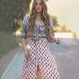 11 Colors New Women Maxi Dress Floral Print beach dress summer Bohemian V-neck Three Quarter Sleeve Split Long Dress