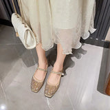 Air-mesh Crystal beading flat shoes woman glitter baller flats square toe pearl rivets lace mary janes shoes big size