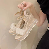 Sandals Espadrilles Platform 2023 Women's Clogs Wedge Suit Female Beige Heel Shoe Thick Square Toe Buckle Strap