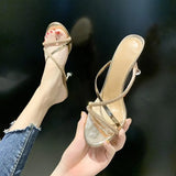 Breakj Summer New High Heel Shoes Round Head Slippers Type Water Drill Cool Drag Women Summer