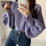 2020 New Autumn Winter Patchwork Short Sweaters Casual O-neck Lantern Sleeve Loose Warm Female Knitted Tops