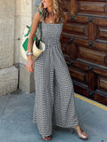 Summer Hollow Wide Leg Pants Overalls Women Retro Plaid Print Elegant Boho Jumpsuit 2022 Off Shoulder Office Backless