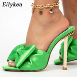 2022 New Arrival Silk Butterfly-knot high heels Women Slippers Sandals Square toe Mule Slippers Slides Party