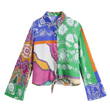 Women Vintage Printed 2 Piece Set Bow Tie Long Sleeve Turn Down Collar Blouse Shirt High Waist Knotted Back Zipper