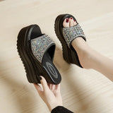 Rhinestone Wedges Heel Women Slippers Platform Shoes Peep Toe Height Increasing Slides Ladies Sandals Zapatos De