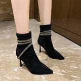 2025 New Sexy Pointed Fashion Boots Net Red Water Drill French High-Heeled Women's Fine Heel Thin Short