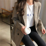 Ladies Notched Collar Plaid Women Blazer Double Breasted Autumn Jacket 2021 Casual Pockets Female Suits