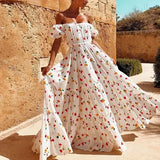 White Print Maxi dress Women Summer sexy off shoulder Bohemian Long Dress Ladies puff short sleeve party dress