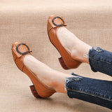 2021 Genuine Leather Square Toe Pumps Women Shoes Low Heel Shallow Round Buckle Slip-On Leather Casual Shoes For