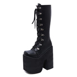 Large Size 43 Thick Platform Extreme High Heels 17cm Cool Motorcycles Boots Punk Style Shoelaces Knee High Boots