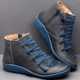New Women's Casual Flat Leather Retro Lace-up Boots Side Zipper Round Toe Shoe Leather Ankle Boots Zapatos Mujer Wram