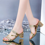 Breakj Women Summer Fashion Rhinestone Slipper Sexy Hollow Out Chunky High Heels Sandals Crystal Party Shoes Woman Flip