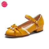 Sweet Lolita Women Summer Mary Jane Shoes Low Heel Lace Patchwork Bow Pearls Pumps Strap Buckle Japanese Big Feet Plus