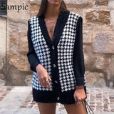 Fashion Winter Black V Neck Houndstooth Sweater Cardigans Women Plaid Sleeveless Off Shoulder Jumper Tops Autumn