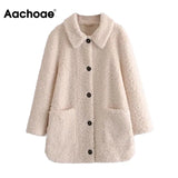 2021 Autumn Spring Casual Solid Lamb Fur Coat Women Long Sleeve Lady Fashion Pocket Jacket Turn Down Collar Teddy
