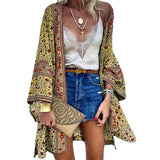 Boho Print Floral Beachwear Kimono Cardigan Loose Long Sleeve Shawl Capes Blouse Bikini Cover Wrap Outdoor Thin Coat