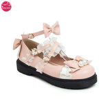 Women Fashion Flat Heel Bow Buckle Strap Platform Round Toe Cosplay Lolita Mary Janes Shoes with Lace Edge and Pearls