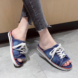 Canvas Flat Slipper 2020 Woman Lace Up Ladies Peep Toe New Women's Casual Female Fashion Denim Beach Shoes Plus Size