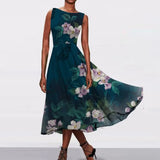 Women Spring O Neck High Waist Long Boho Dress Vintage Plants Print High Waist Office Dress Summer Sleeveless Tank Maxi