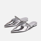 Leather Rhinestone Belt Sandals Woman Pointed Toe Slippers Flat Low Heels Mules Ladies Casual Slides Home&Outside