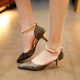 Breakj Sandals Women's Spring 2025 New Korean Version One-字 Buttoned Pearl Tip Fine And Frosted High Heel Single