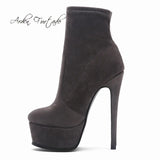 Furtado 2022 Women Platform Short Boots Round Toe Stilettos Heels Boots Fashion Suede Slip on Big Size 43 Women's