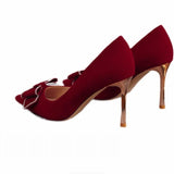 Stilettos Wedding Shoes Girls Autumn And Winter 2023 New French Bow Wine Red High-Heeled Shoes Toast Without