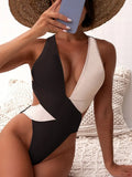 Women New Cross V-Neck Colorblock One Piece Swimsuit Summer Sexy Backless Slim Bikini 2022 Fashion Pleated One Piece