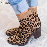 Leopard Ankle Boot Knitting Woman Sock Boots Fashion Autumn Female Block Chunky Heels Comfortable Ladies Short