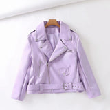 Spring Autumn Women Faux Leather Jacket Streetwear Lapel Oversized Purple Pu Leather Loose Coat with Belt Lady