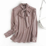 Vintage Printed Office Wear Blouse Shirt Women Bow Tie Collar Long Sleeve Chic Tops Ladies Casual Loose