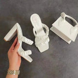 Women Summer New 2022 Fashion Square Head Thick Heel Sandals Woman Open Toe Heeled Slippers Daily All-match