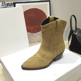 Women Shoes Natural Cow Suede Boots Med Heels Cowboy Boots Women Embroidery Mid Calf Designer Shoes