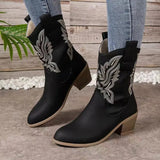 Breakj Women's Embroidery Sleeves Vintage Boots Vintage Mid-Cute Head Western Cowboy Boots For Fall/Winter